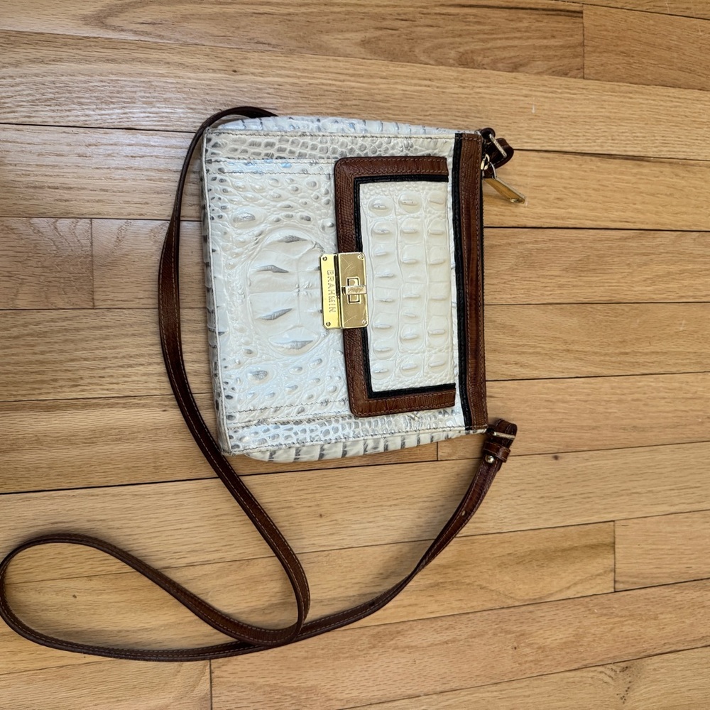 Brahmin White and Brown Croc-Embossed Crossbody Bag